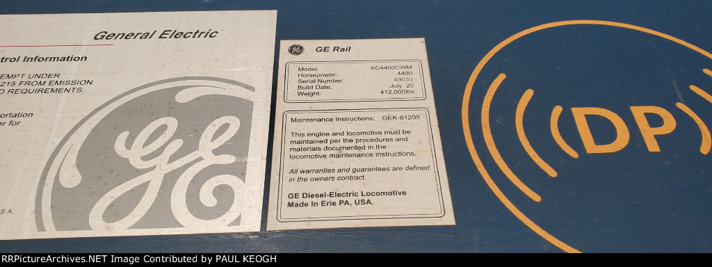 CSX 7224's General Electric Locomotive Data Plate. 